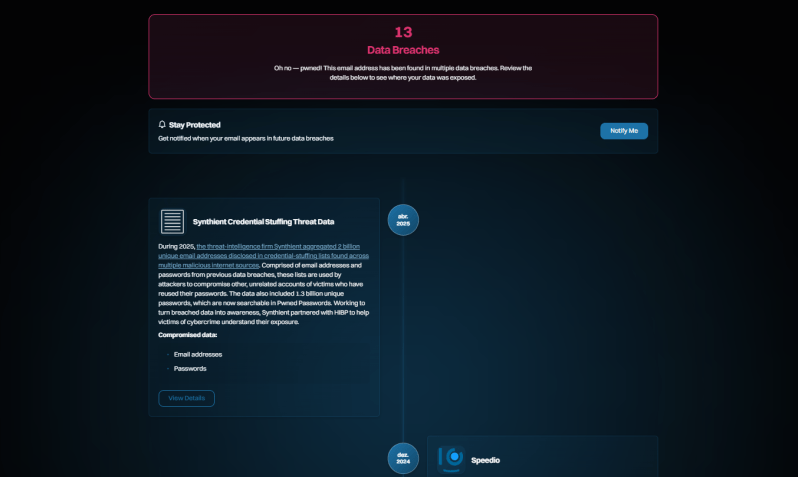 O resultado exibirá uma linha do tempo com os vazamentos de dados associados ao seu e-mail ao longo dos últimos anos. • Créditos: Reprodução/Have I Been Pwned