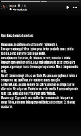 Ingra Soares publica texto interpretadas como indiretas • Instagram/Ingra Soares