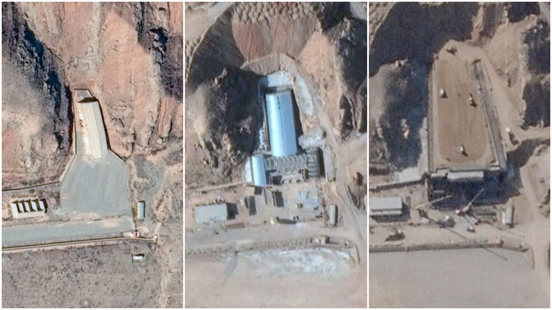 Imagens mostram complexo militar de Parchin, no Irã, antes de ataque de Israel (esq)., durante reconstrução (meio) e após fortificação (dir.)