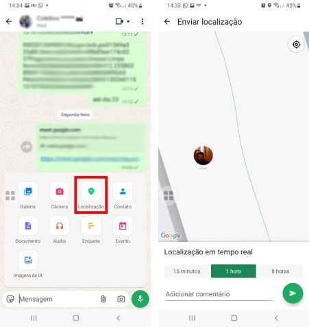No WhatsApp, a localização pode ser compartilhada por 15 minutos, uma hora ou oito horas. • Créditos: Reprodução/WhatsApp