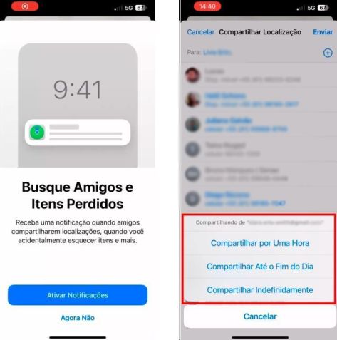 No app Buscar do iPhone, basta escolher os contatos que você deseja compartilhar a sua localização. • Créditos: Reprodução/Apple
