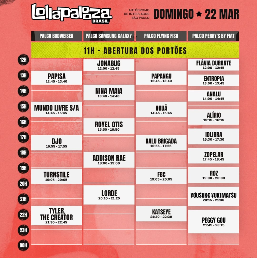 Plán na třetí a poslední den Lollapalooza 2026 • Reprodukce/Instagram