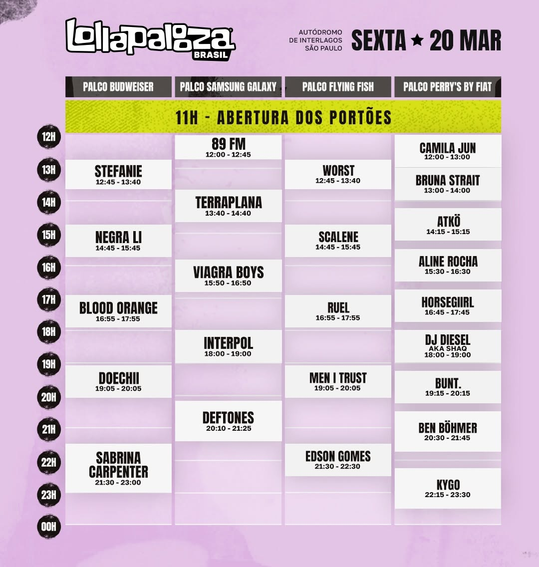 A programação do primeiro dia do Lollapalooza 2026 • Reprodução/Instagram