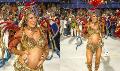 Grávida de 5 meses, Lore Improta desfila na Sapucaí com barrigão à mostra