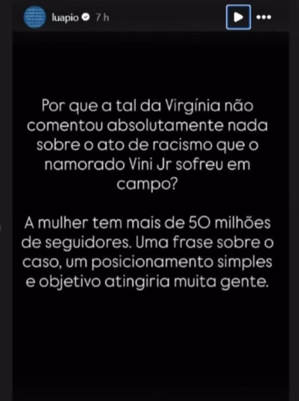 Luana Piovani critica Virginia ao não comentar sobre caso de racismo contra Vini Jr. • Instagram/Luana Piovani