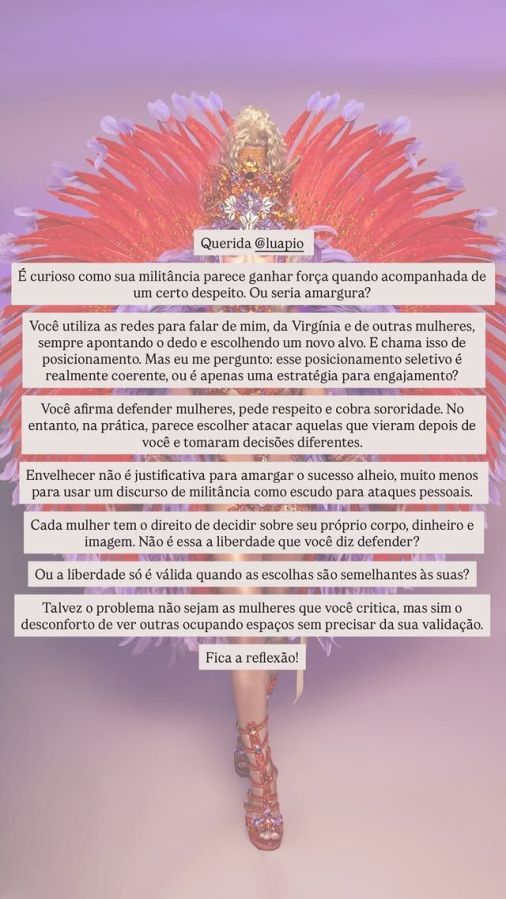 Musa da Est&aacute;cio de S&aacute; rebate cr&iacute;ticas de Luana Piovani &bull; Instagram/Ravena Hanniely