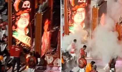 Tripé do Salgueiro pega fogo em ensaio técnico na Sapucaí; assista