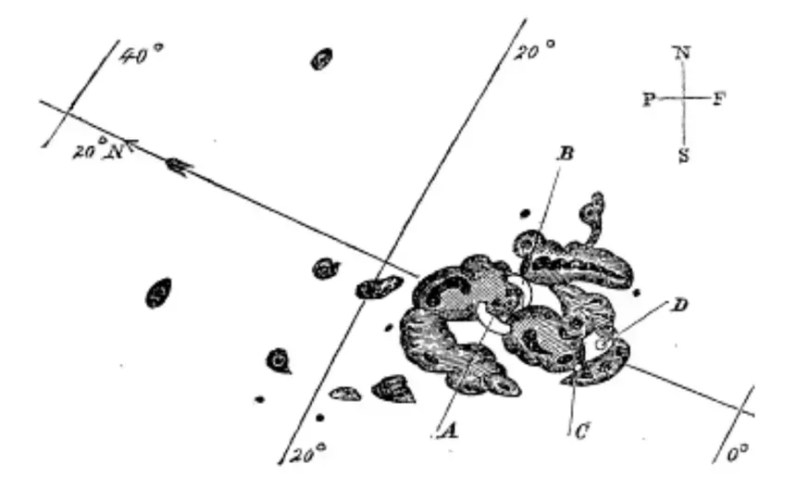 A ilustração de manchas solares de Carrington foi publicada em uma edição de novembro de 1859 do periódico Monthly Notices of the Royal Astronomical Society • Cortesia da NOAA