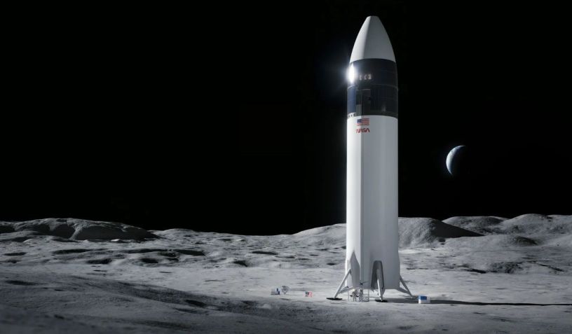 Ilustração artística do projeto do módulo de pouso tripulado Starship da SpaceX na Lua • Nasa