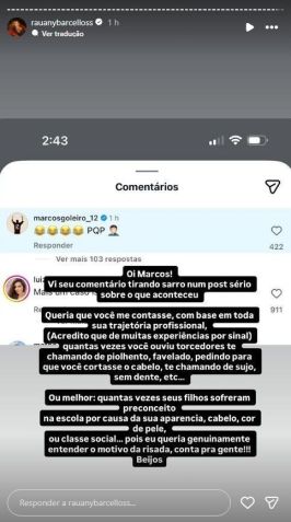 Rauany Barcellos, noiva de Hugo Souza, questiona ex-goleiro Marcos por comentário em post de Instagram • Reprodução/Instagram