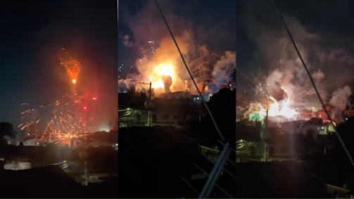 No registro, é possível ver uma explosão de fogos de artifício e o início do fogo quando uma residência é atingida