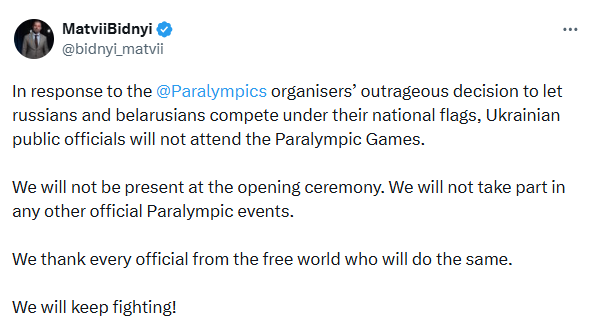 Ministro da Ucrania anunciou pelas redes sociais que autoridades ucranianas não viajarão para os Jogos Paralímpicos Milão-Cortina 2026. • Reprodução/X