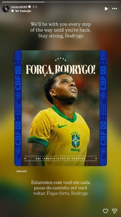 Ancelotti manda mensagem de apoio a Rodrigo • Reprodução / Instagram