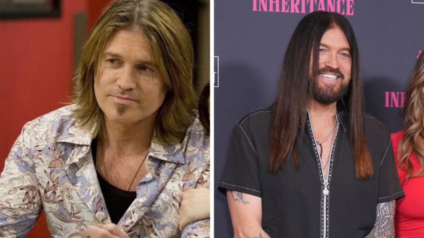 Billy Ray Cyrus em "Hannah Montana" e 20 anos depois • Reprodução/Disney/Yui Mok/PA Images via Getty Images