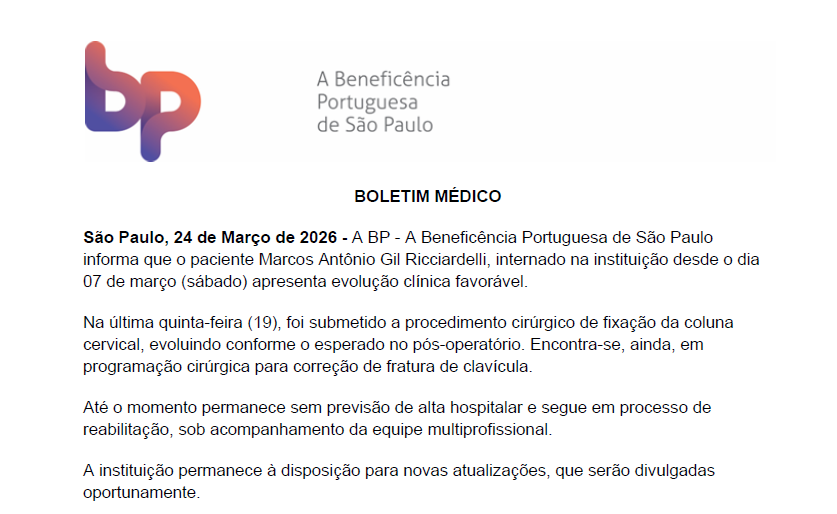 Boletim médico atualizado de Marquito, nesta terça-feira (24). • Divulgação