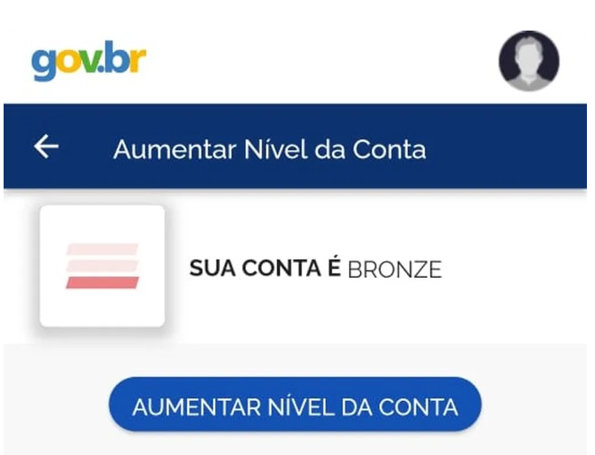 Seção "Aumentar nível da conta", no app , na qual o contribuinte consegue elevar seu cadastro para prata ou ouro. • Reprodução/gov.br