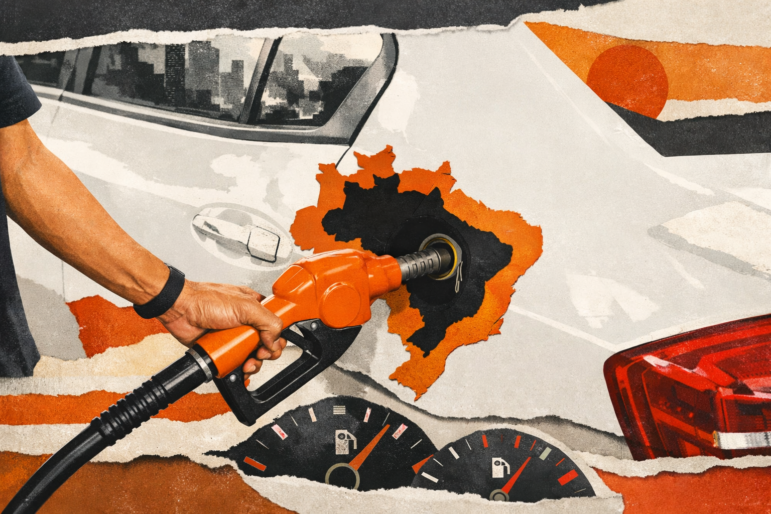 Ilustração de uma pessoa abastecendo o carro e o buraco tem o formato do Brasil