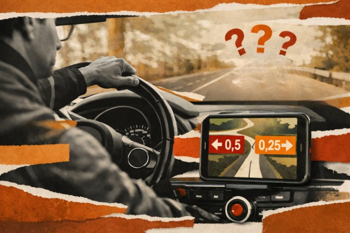 Ilustração de um homem em dúvida olhando para um GPS com as opções de 0,5 e 0,25