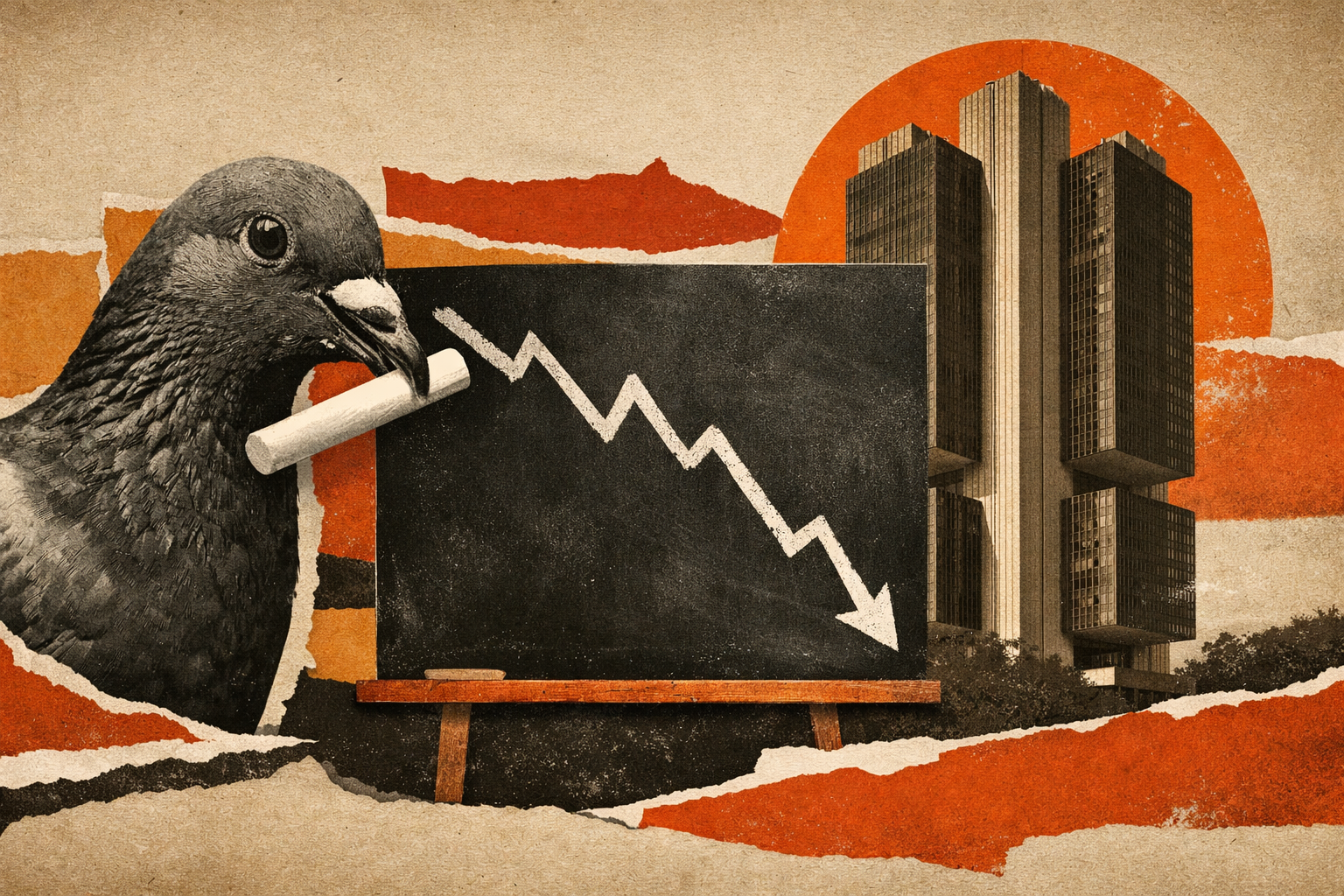 Ilustração de um pombo com um giz e um gráfico de seta caindo ao lado do prédio do Banco Central
