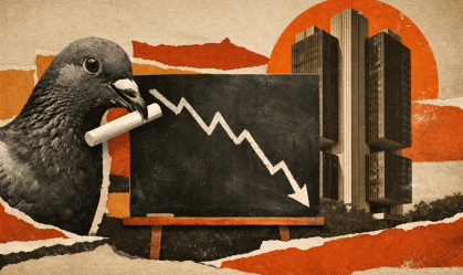 Ilustração de um pombo com um giz e um gráfico de seta caindo ao lado do prédio do Banco Central