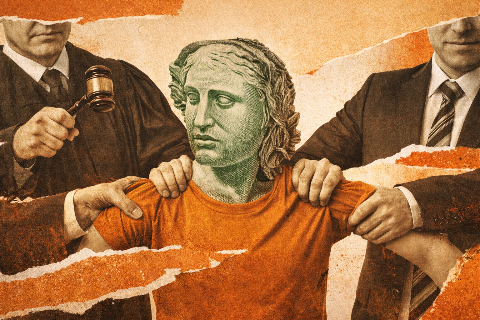 Ilustração de um homem com o rosto da nota de real sendo puxado de um lado por juízes e do outro por um homem engravatado
