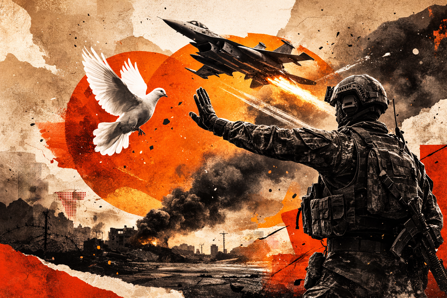 Ilustração de um pombo sendo parado por um soldado com um caça voando ao fundo