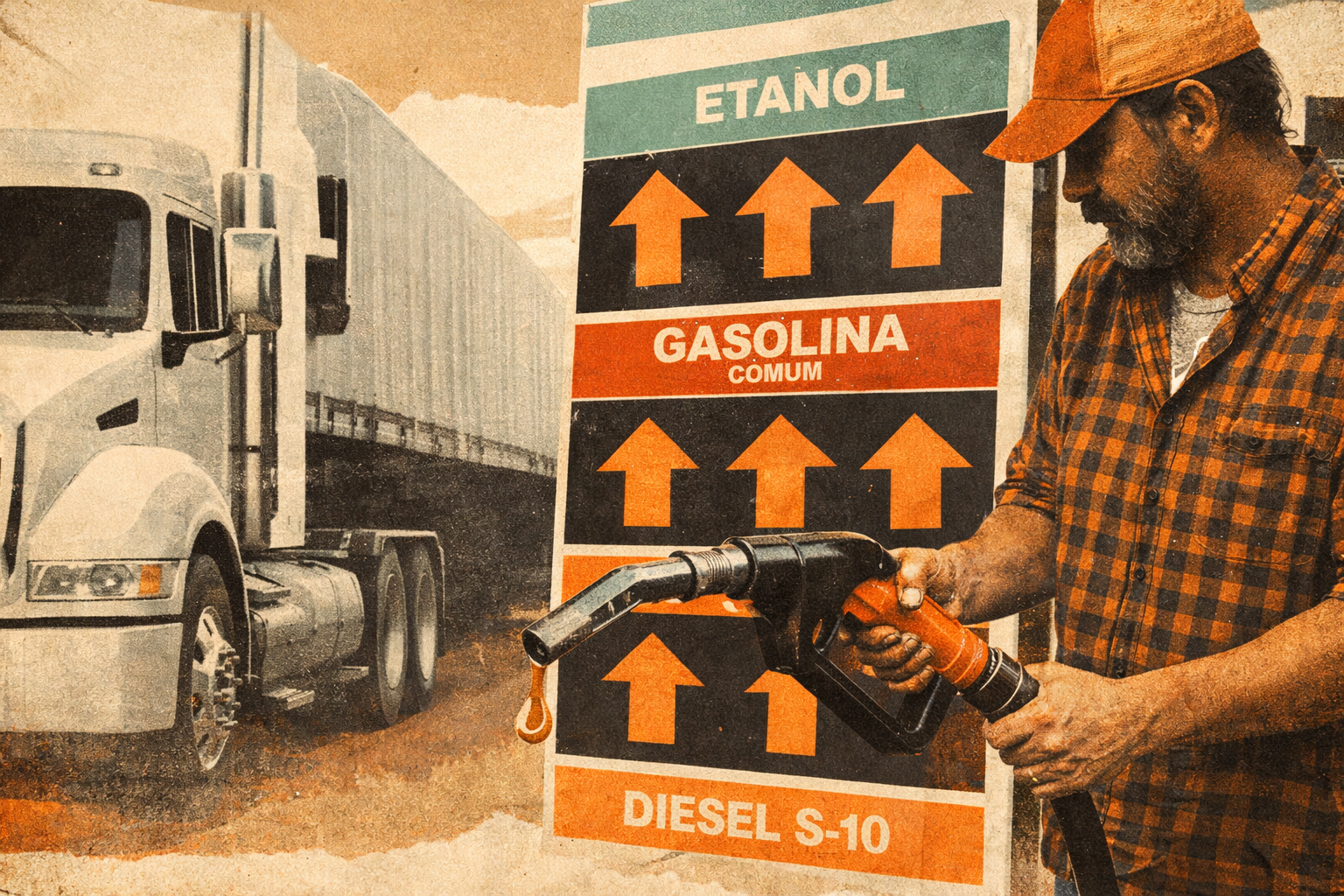 Ilustração de um caminhoneiro segurando uma bomba de gasolina ao lado de uma placa de preços