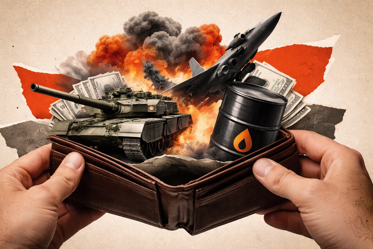 Ilustração de uma carteira com um tanque de guerra, um barril de petróleo e um caça dentro com uma explosão e dinheiro ao fundo