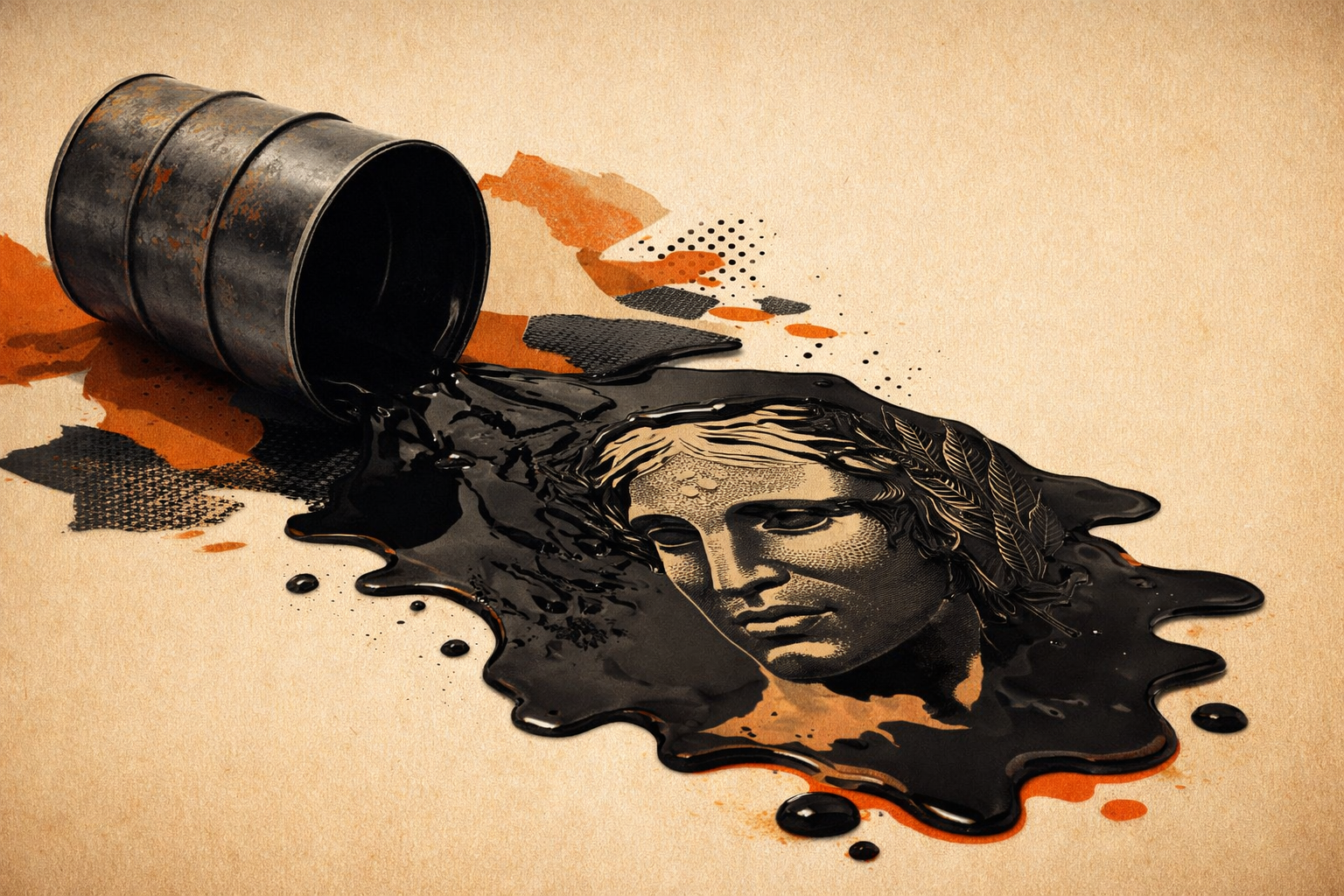 Ilustração de um barril de petróleo caído formando o rosto da nota de Real