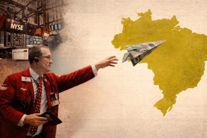 Ilustração de um operador de bolsa jogando um avião de papel de dólar no Brasil