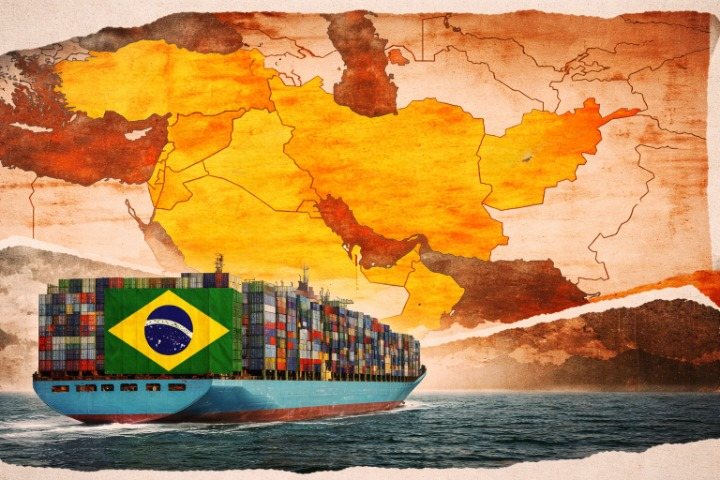Ilustração de um navio com a bandeira do Brasil indo em direção ao Oriente Médio
