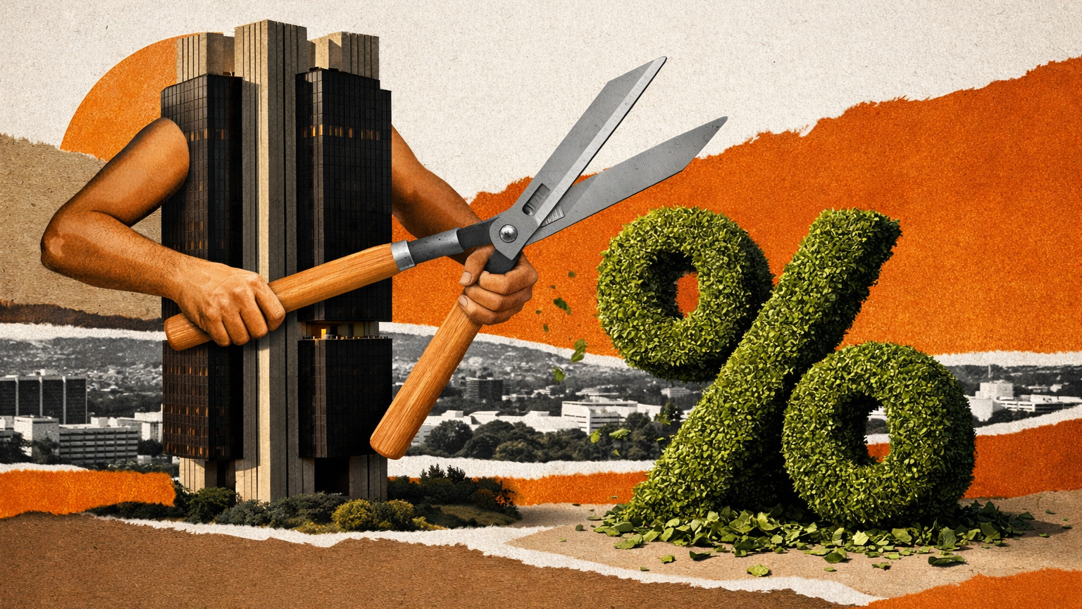 Ilustração do prédio do Banco Central segurando uma tesoura de jardinagem ao lado de uma moita em formato de porcentagem