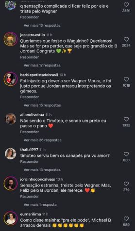 Comentários dos brtasileiros no post da Academia parabenizando Michael B. Jordan por sua vitória como Melhor Ator em "Pecadores" • Instagram | Academy