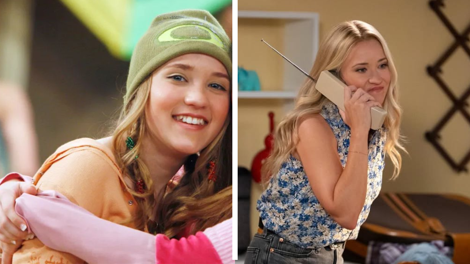 Emily Osment em "Hannah Montana" e 20 anos depois • Reprodução/Disney/Instagram/Emily Osment
