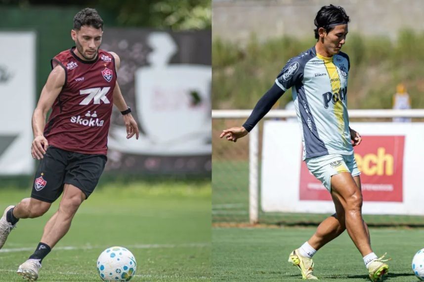 Emmanuel Martínez, do Vitória, e Chico, do Mirassol, durante treino das equipes