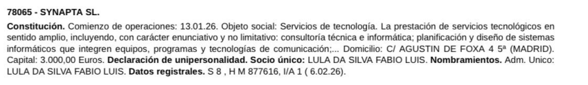 Documento mostra registro da empresa é Synapta, de Fábio Luís Lula da Silva, regularizada no Registro Mercantil de Madri • Reprodução/Registro Mercantil de Madri