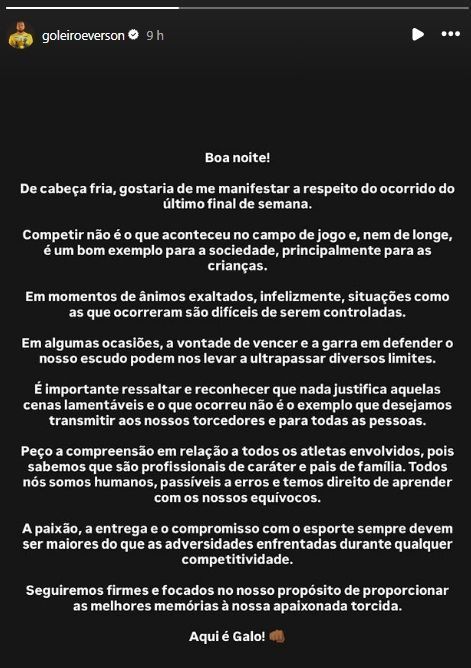 Everson se manifesta nas redes sociais após briga em jogo • Reprodução / Instagram