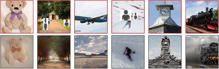 Takagi e Nishimoto reconstruíram via IA (abaixo) imagens visualizadas a partir de sinais cerebrais das imagens apresentadas (caixa vermelha) • Yu Takagi, Shinji Nishimoto, arXiv, 2026/Divulgação