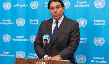 Ambassador Danny Danon of Israel speaks to the press before