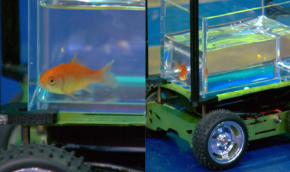 Toda vez que Blub se desloca para um lado do tanque, a câmera capta o movimento e direciona o veículo para o mesmo sentido
