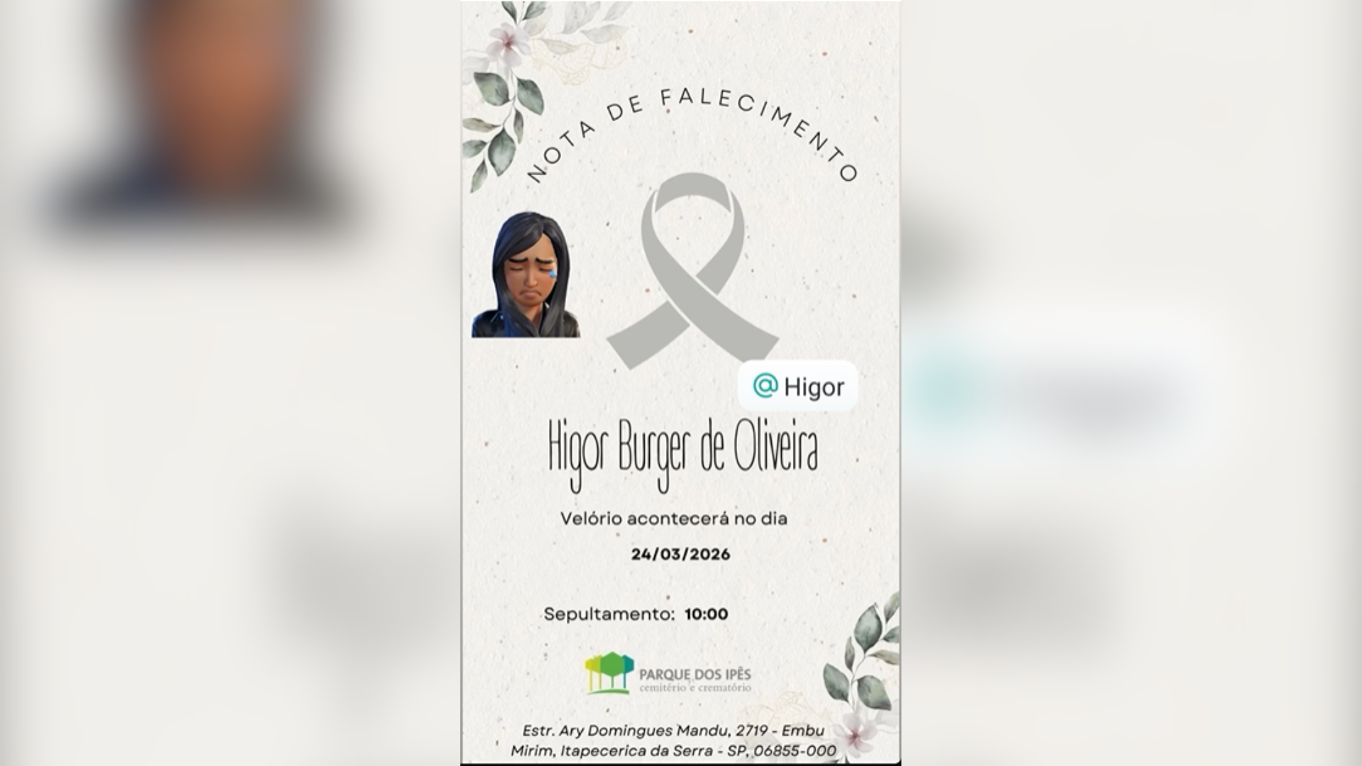Velório de HIgor ocorreu nesta segunda-feira (24) • Reprodução/Redes Sociais