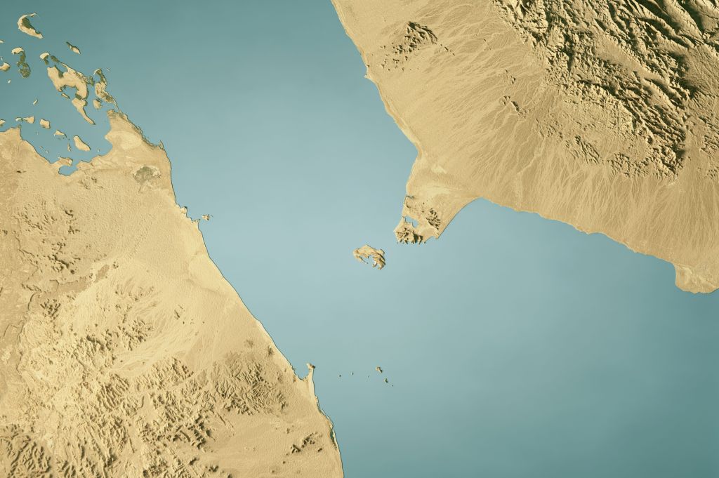 Mapa topográfico do Estreito de Bab Al-Mandab • Getty Images