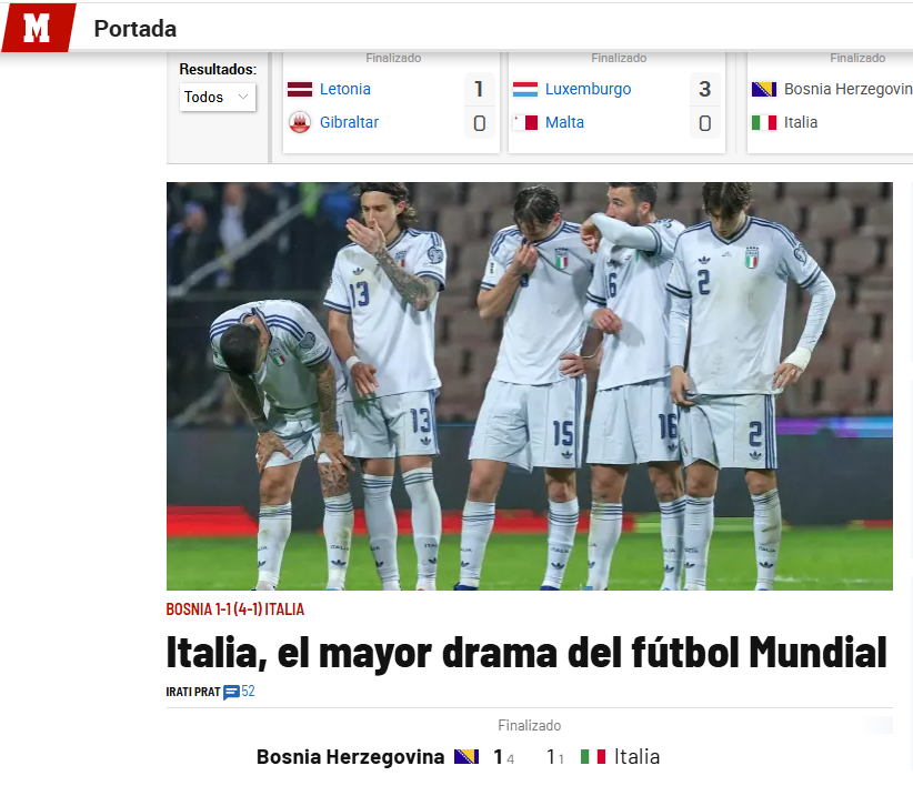 Marca repercute Itália fora da Copa • Reprodução/Marca