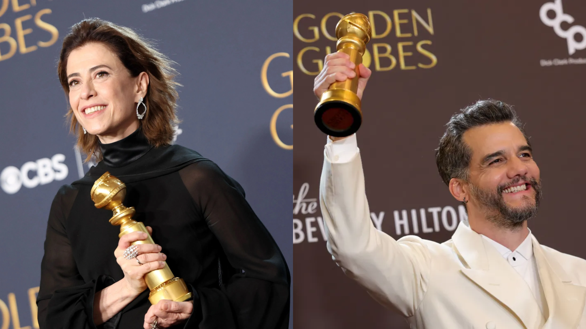 Montagem com Fernanda Torres no Globo de Ouro 2025 e Wagner Moura no Globo de Ouro 2026