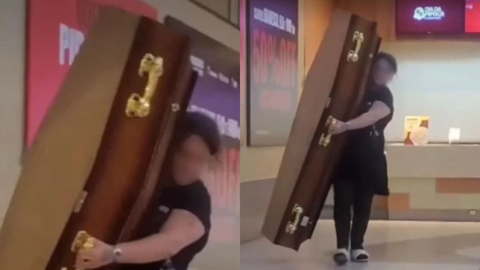 Mulher usa caixão para aproveitar oferta de pipoca no cinema em SP