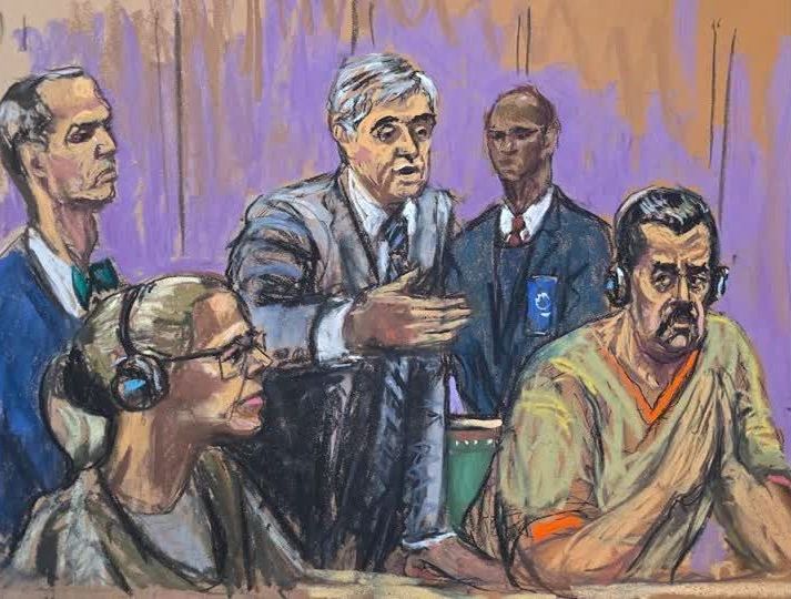 Desenho mostra Nicolás Maduro em audiência em tribunal de Nova York em 26 de março de 2026.