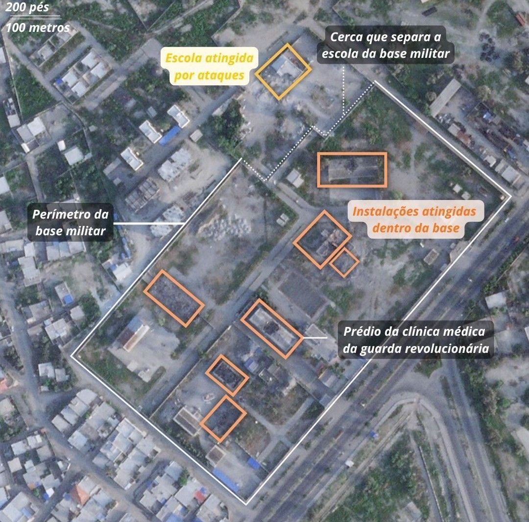Imagens de satélite de 3 de março mostram extensos danos a vários edifícios na base naval da Guarda Revolucionária Islâmica, adjacente à escola feminina Shajarah Tayyebeh, em Minab • Planet Labs PBC, análise da CNN / Grafismo: Thomas Bordeaux and Rosa de Acosta, CNN