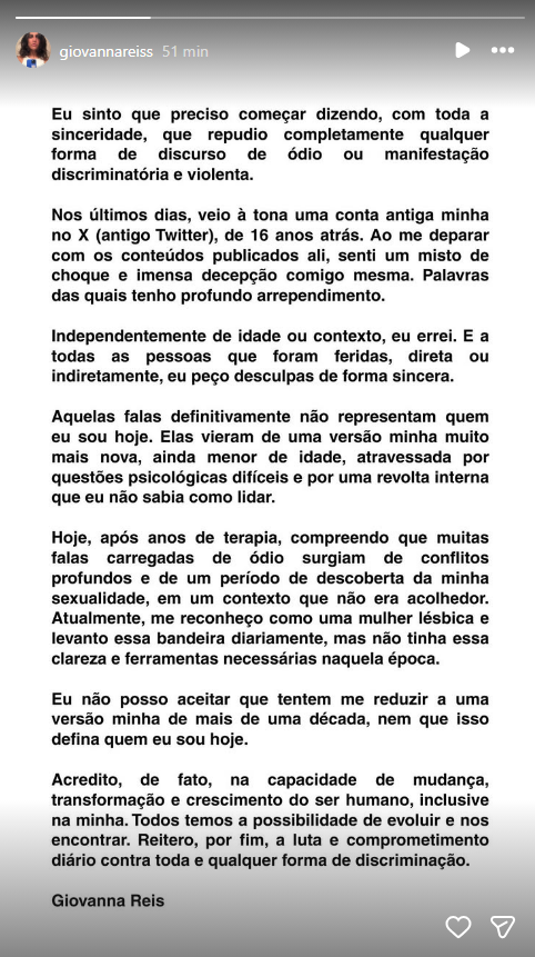 Pronunciamento de Giovanna Reis nas redes sociais. • Instagram