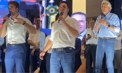 Eduardo Leite, Ratinho Junior e Ronaldo Caiado durante evento do PSD em Sorocaba (SP)