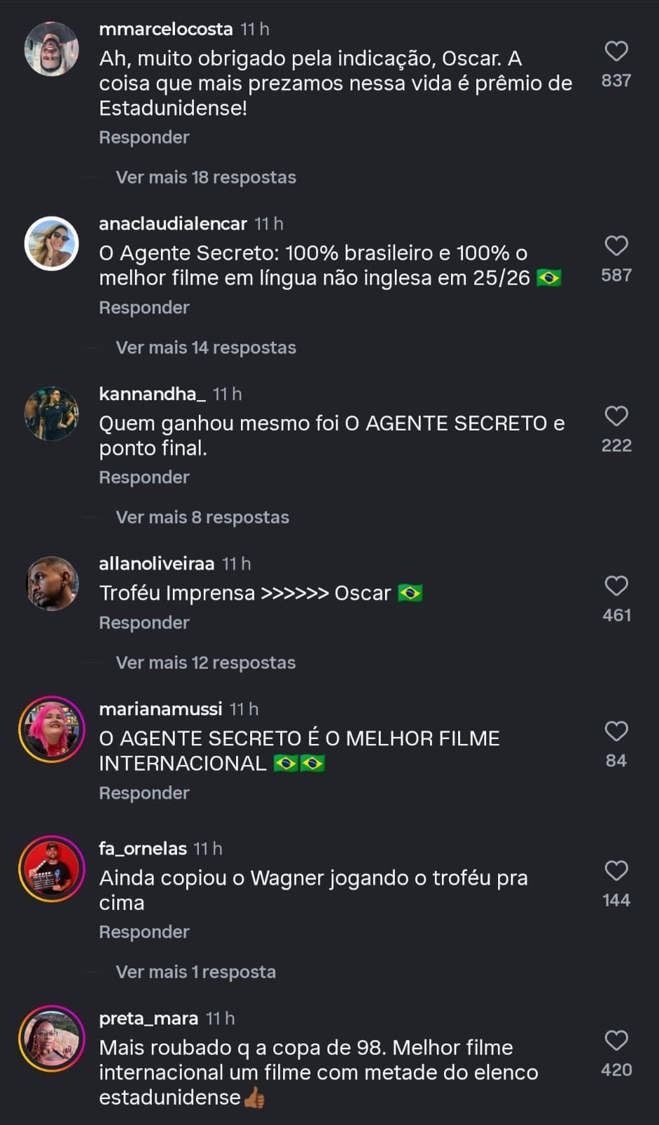 Mensagens dos brasileiros na postagem da Academis parabenizando "Valor Sentimental" • Instagram | Academy